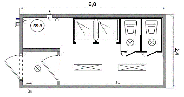 Чертеж бытовки с душем и туалетом